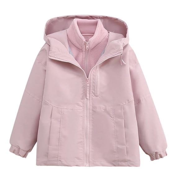 GigrtiJin 2 in 1 Windbreaker Jacket for Girls Solid Color Stand Collar Long Sleeve Hooded Zipper Waterproof Fleece Raincoat with Pocket