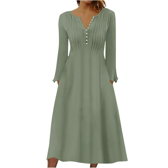 GigrtiJin Elegant Dresses for Womens Long Sleeves Button up Pleated Dress Casual Comfy Solid Color Dress