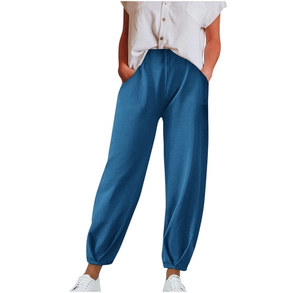 GigrtiJin 2025 Elastic High Waist Pants for Womens Casual Comfy Ankle Length Solid Color Loose Pants with Pockets