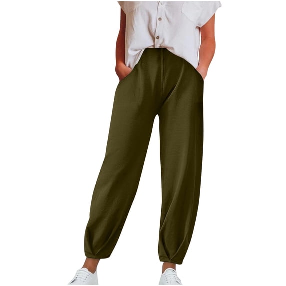 GigrtiJin Elastic High Waist Pants for Womens Casual Comfy Ankle Length Solid Color Loose Pants with Pockets