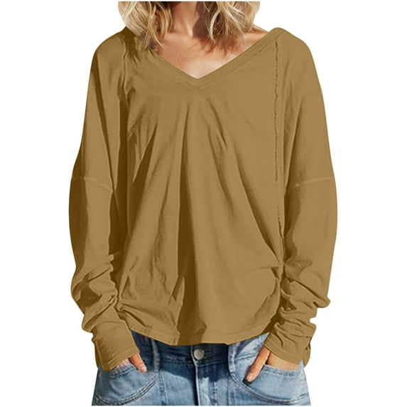GigrtiJin Long Sleeves V Neck Sweatshirts for Womens Casual Comfy Loose Solid Color Going out Pullover Tops