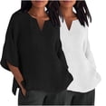 thumbnail image 1 of GigrtiJin 2pc Women's Plus Size Casual Shirt Fashion 3/4 Sleeve V-Neck Pullover Side-Slit Solid Color Cotton Linen Tops, 1 of 6