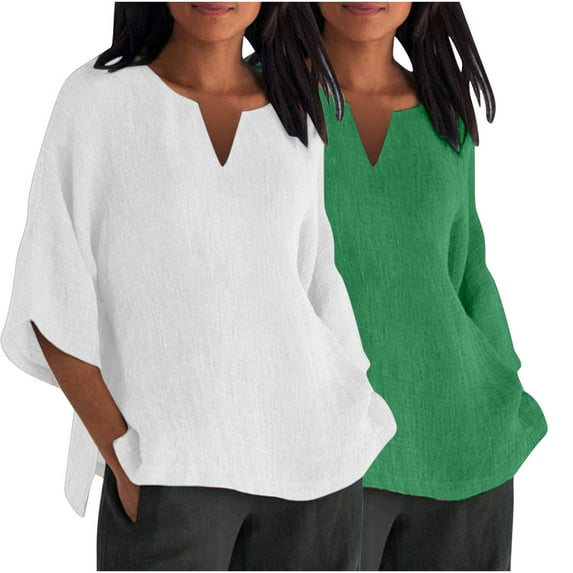 GigrtiJin 2pc Women's Plus Size Casual Shirt Fashion 3/4 Sleeve V-Neck Pullover Side-Slit Solid Color Cotton Linen Tops