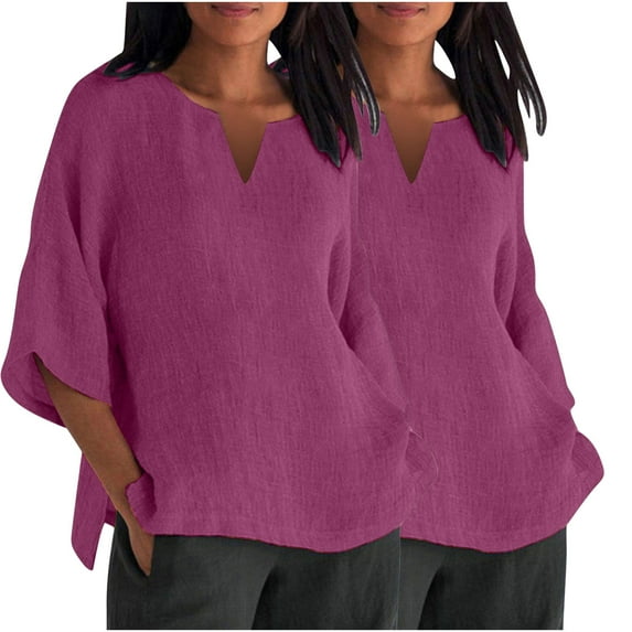 GigrtiJin 2pc Women's Plus Size Casual Shirt Fashion 3/4 Sleeve V-Neck Pullover Side-Slit Solid Color Cotton Linen Tops