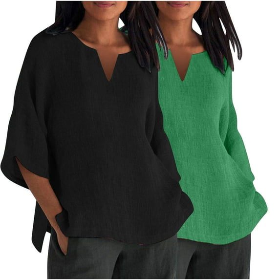 GigrtiJin 2pc Women's Plus Size Casual Shirt Fashion 3/4 Sleeve V-Neck Pullover Side-Slit Solid Color Cotton Linen Tops