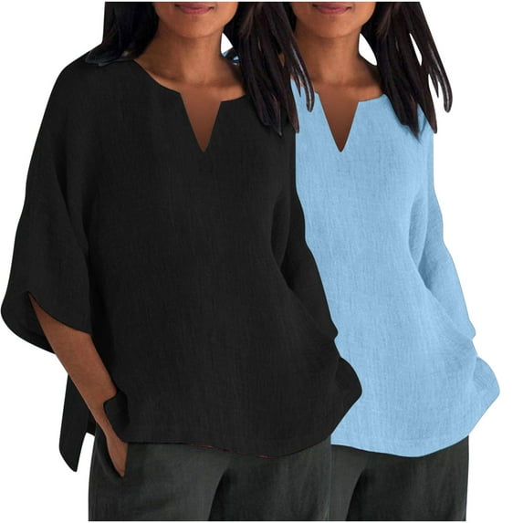 GigrtiJin 2pc Women's Plus Size Casual Shirt Fashion 3/4 Sleeve V-Neck Pullover Side-Slit Solid Color Cotton Linen Tops