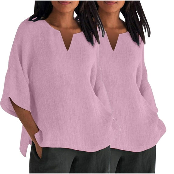 GigrtiJin 2pc Women's Plus Size Casual Shirt Fashion 3/4 Sleeve V-Neck Pullover Side-Slit Solid Color Cotton Linen Tops