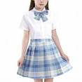 thumbnail image 1 of GigrtiJin 3-13 Years Girls Skirt Suit Short Sleeve Lapel Bow Button Tops with Pocket Plaid Printed Pleated Skirt Preppy Two Piece Set, 1 of 3