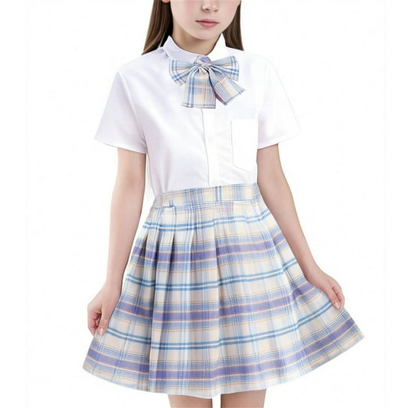 GigrtiJin 3-13 Years Girls Skirt Suit Short Sleeve Lapel Bow Button Tops with Pocket Plaid Printed Pleated Skirt Preppy Two Piece Set