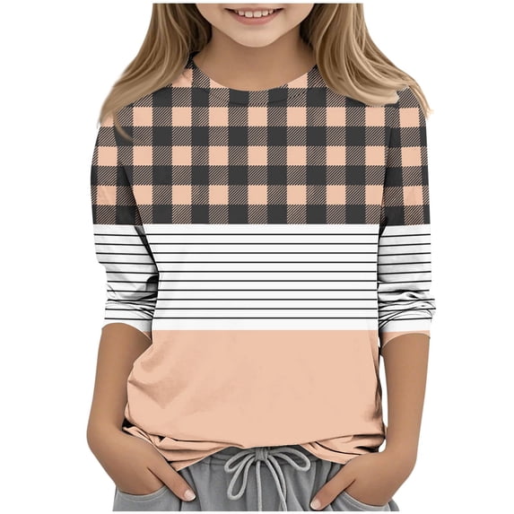 GigrtiJin 3-14 Years Girls Kids Casual Tops Patchwork Plaid Printed Striped 3/4 Sleeve Crew Neck Blouse Shirt