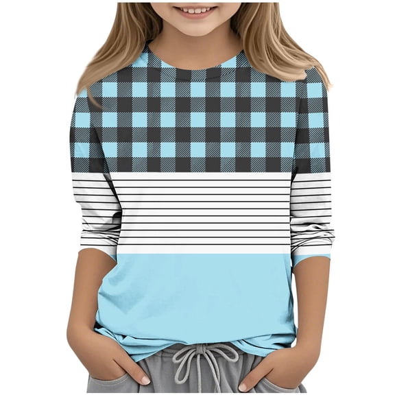 GigrtiJin 3-14 Years Girls Kids Casual Tops Patchwork Plaid Printed Striped 3/4 Sleeve Crew Neck Blouse Shirt