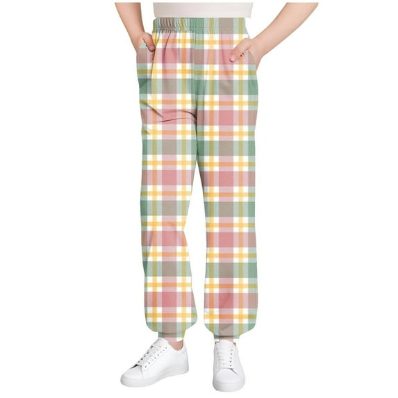GigrtiJin 3-15 Years Toddler Children Sweatpants Plaid Printed Elastic Waisted Bottom Cinch Sport Pants with Pocket