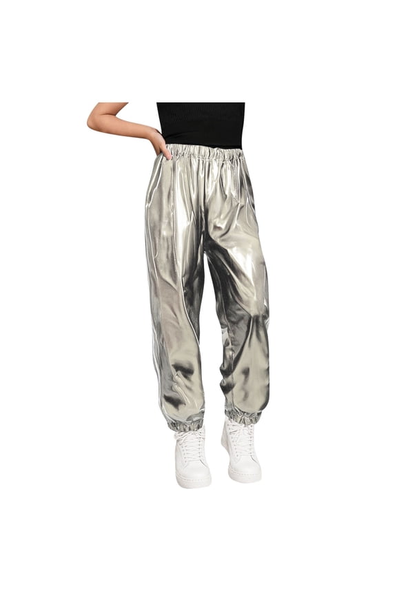 3-16 Years Boys Girls Teens Shiny Pants Solid Color Elastic Waisted Straight Leg Cinch Bottom Performance Pants