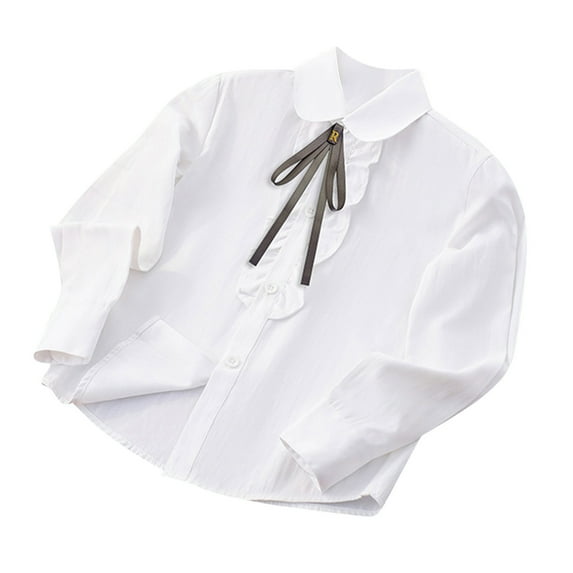 GigrtiJin 3-16 Years Girl Cotton Shirt Solid Color Lapel Long Sleeve Ruffled Button Ribbon Tie Preppy Blouse Campus Uniform