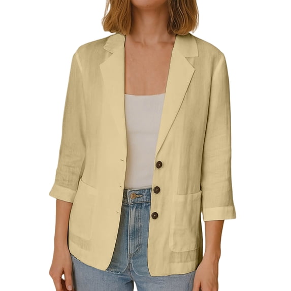 GigrtiJin 3/4 Length Sleeve Blazers for Womens Cotton Collared Button up Blazers Casual Work Lightweight Blazers with Pockets