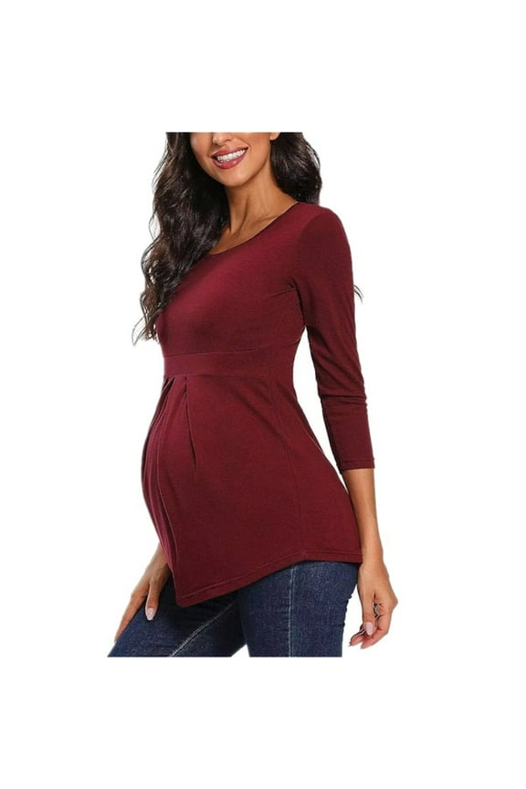 3/4 Sleeve Nursing Shirt for Women Solid Color Crew Neck Pleated Dressy Maternity Blouse Trendy Casual Postpartum Tops