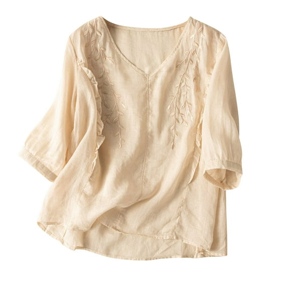 GigrtiJin 3/4 Sleeve Shirts for Women Floral Embroidery Retro Casual Tops Loose V Neck Summer Tees Blouses