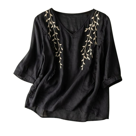 GigrtiJin 3/4 Sleeve Shirts for Women Floral Embroidery Retro Casual Tops Loose V Neck Summer Tees Blouses