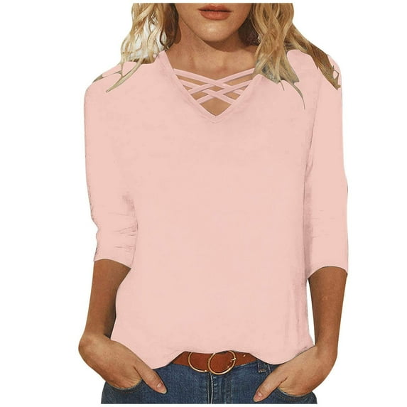GigrtiJin 3/4 Sleeve T-Shirt for Women Casual V-Neck Solid Color Summer Blouses Plus Size Loose Basic Going out Tops