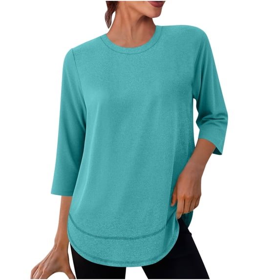 GigrtiJin 3/4 Sleeve Tunic for Womans Crew Neck Curved Hem Loose Solid Color Tops Women's Elegant Flowy Blouse Shirt