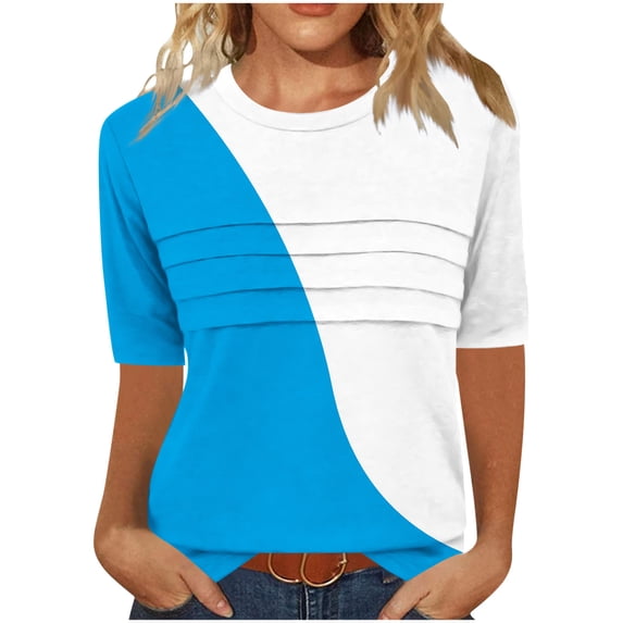 GigrtiJin 3/4 Sleeve Womens Tops Round Neck Wrinkled Color Block Long Hem Blouse T-Shirt Trendy Casual Tunic