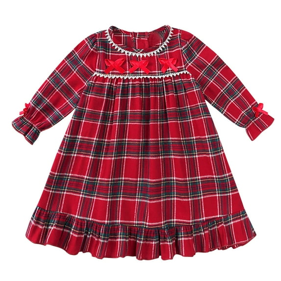 GigrtiJin 3 Months-13 Years Newborn Infant Cotton Dress Plaid Printed Crew Neck Ruffle Sleeve Bow High Rise Dress for Baby Kids