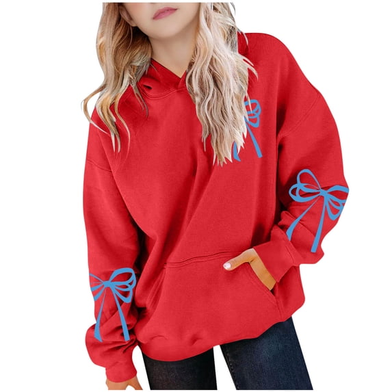 GigrtiJin 3T-14T Girls Bow Print Hoodie Cute Baggy Casual Sweatshirts Fall Winter Long Sleeve Sweatshirts with Pocket