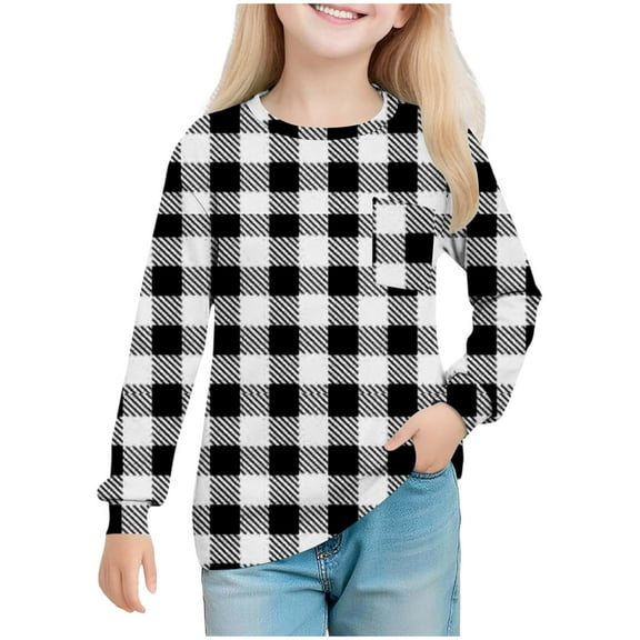 GigrtiJin 5-14 Years Girl's Tops Plaid Printed Round Neck Long Sleeve Shirt with Pocket Trendy Casual Blouse