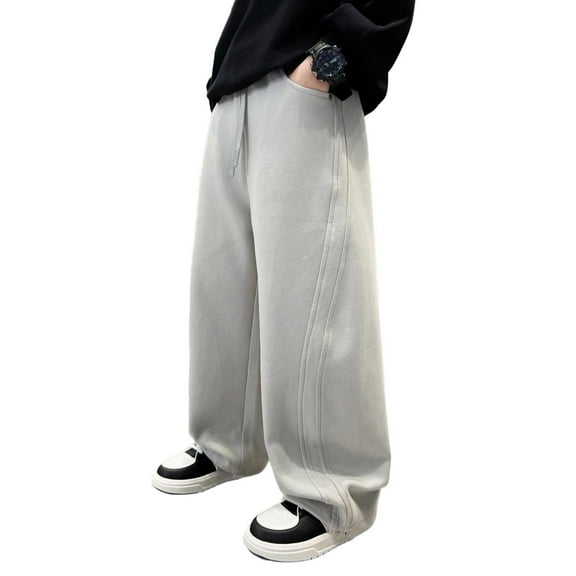 GigrtiJin 5-15 Years Boys Teens Cotton Athletic Pants Solid Color Drawstring Wide Leg Loose Jogger Pants with Pocket