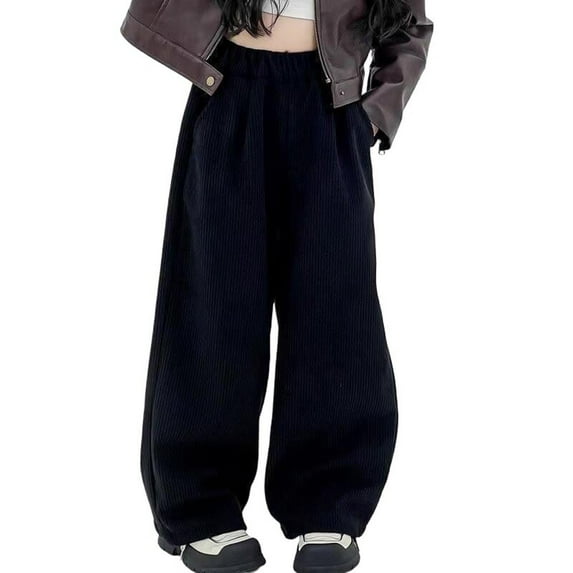 GigrtiJin 5-15 Years Corduroy Casual Pants for Girls Teens Solid Color Elastic Waisted Wide Leg Palazzo Pants with Pocket