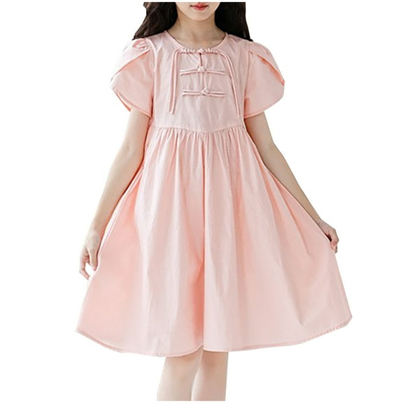GigrtiJin 6-16 Years Dress for Girls Teens Solid Color Cotton Round Neck Puff Short Sleeve Button Pleated Skirt Sweet Casual Dress