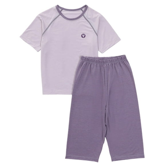 GigrtiJin 6 Months-15 Years Children Teens Cotton Sleeping Outfits Solid Color Crew Neck Short Sleeve Shirt Capris Pants Pajama Set