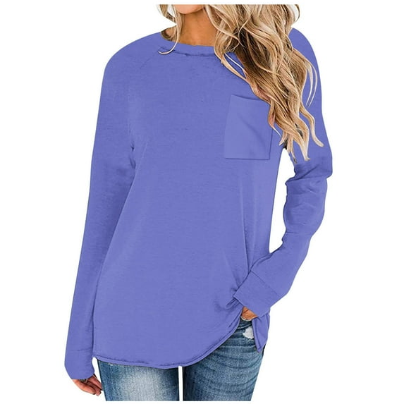 GigrtiJin Basic Tops for Woman Long Sleeve Casual Solid Color Pullover Blouse Round Neck Loose Shirt with Pocket