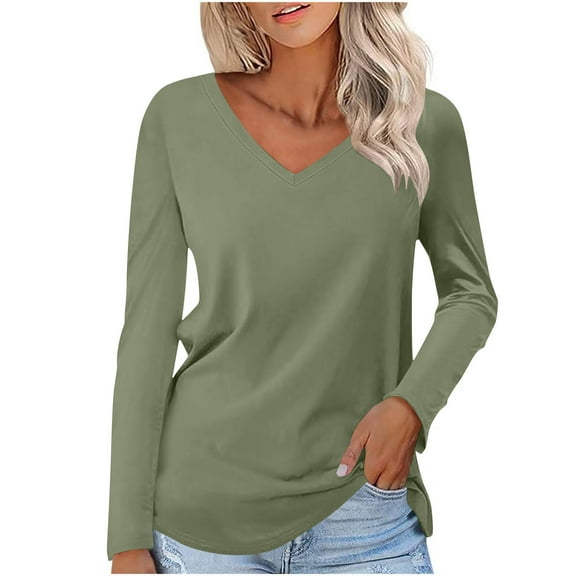 GigrtiJin Basic Tops for Woman Plus Size V-Neck Long Sleeve Casual Pullover Shirts Solid Color Basic Tee Tops Blouses