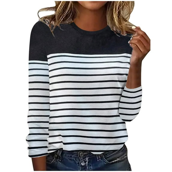 GigrtiJin Basic Tops for Women Long Sleeve Plus Size Striped Color Block Pullover Blouse Comfy Casual Loose Shirts