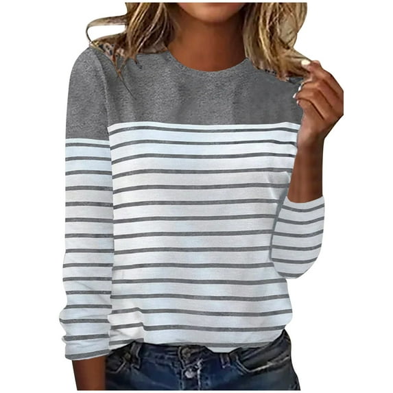 GigrtiJin Basic Tops for Women Long Sleeve Plus Size Striped Color Block Pullover Blouse Comfy Casual Loose Shirts