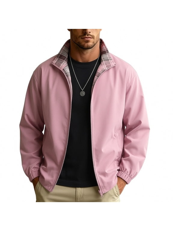 Big and Tall Jackets for Men Plaid Reversible Jackets Zip up Collared Long Sleeve Jackets with Pockets M-4XL