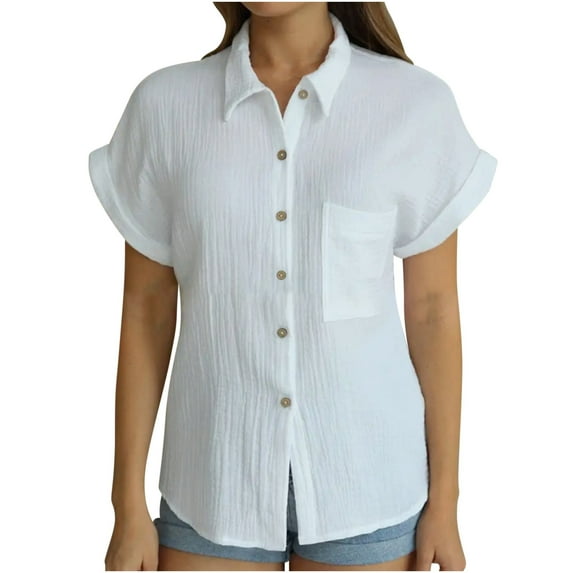 GigrtiJin Blouses for Women Summer Casual Button down Lapel Short Sleeve Shirts Trendy Solid Color Basic Tops