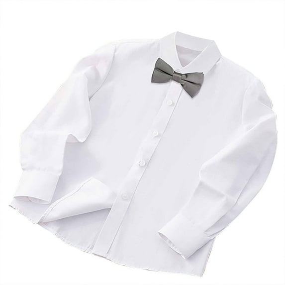 GigrtiJin Boy's and Girl's Cotton Blouse Lapel Long Sleeve Button Bow Tie Preppy White Shirt Trendy Casual Tops 2-16 Years