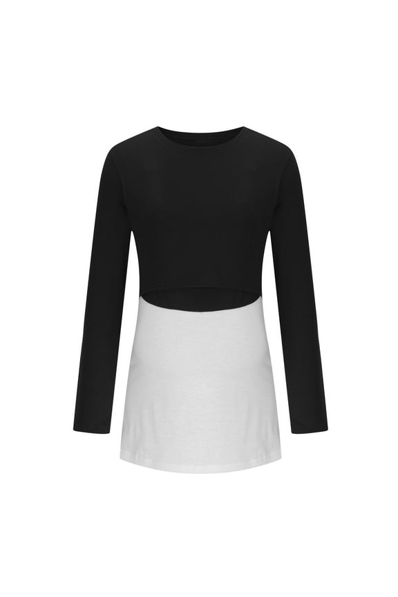 Breastfeeding Shirt for Maternity Solid Color Round Neck Long Sleeve Nursing Tops Women Postpartum Dressy Blouse