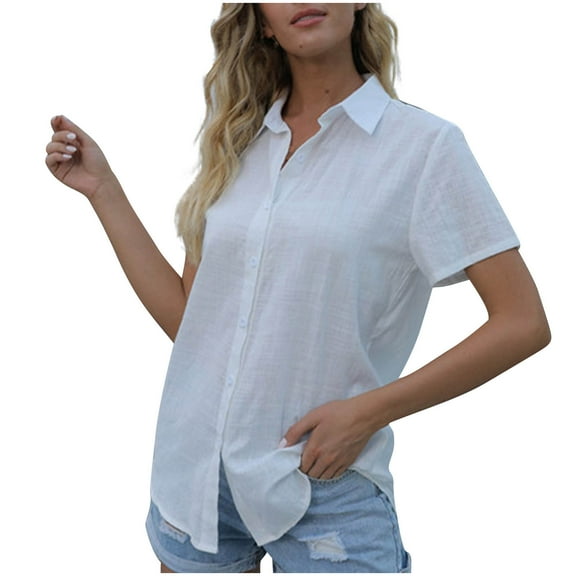 GigrtiJin Business Casual Outfits for Women Solid Color Cotton Linen Short Sleeve Lapel Button Up Elegant Work T-shirt
