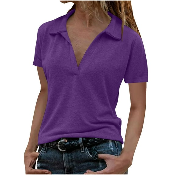 GigrtiJin Business Casual Outfits for Women Solid Color Lapel Deep V-Neck Short Sleeve Tee Tops Office Work Blouse