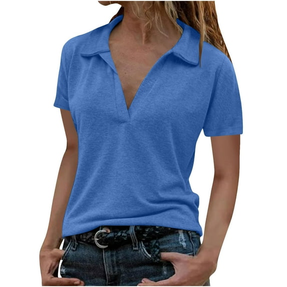 GigrtiJin Business Casual Outfits for Women Solid Color Lapel Deep V-Neck Short Sleeve Tee Tops Office Work Blouse