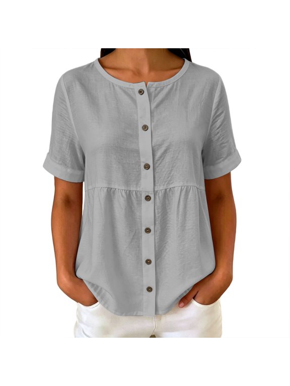 Button Down Shirts for Womens Cotton Linen Short Sleeve T Shirts Womens Summer Loose Casual Crew Neck Button Down Shirts