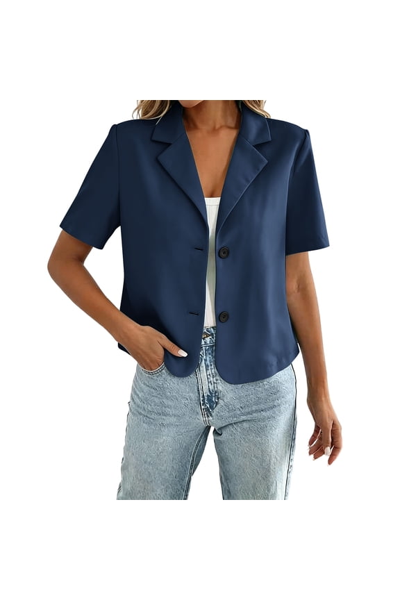 Button Down Suit Jacket for Womens Short Sleeve Cropped Collared Suit Jacket Dressy Casual Work Going Out Suit Jacket