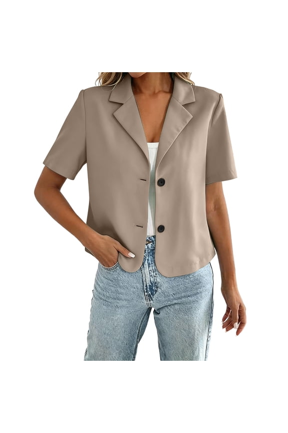 Button Down Suit Jacket for Womens Short Sleeve Cropped Collared Suit Jacket Dressy Casual Work Going Out Suit Jacket