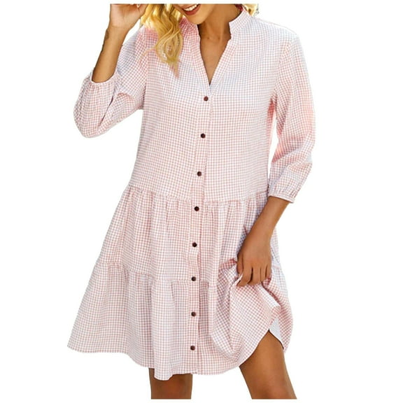 GigrtiJin Button down Plaid Shirt Dresses for Womens Fall Casual Comfy 3/4 Sleeve V Neck Knee Length Dress