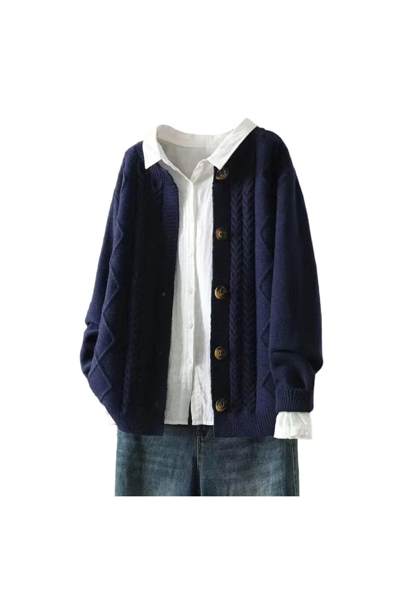Cable Knitted Cardigan Sweater for Women Solid Color Button Down Long Sleeve Tops Fall Winter Thermal Blouse