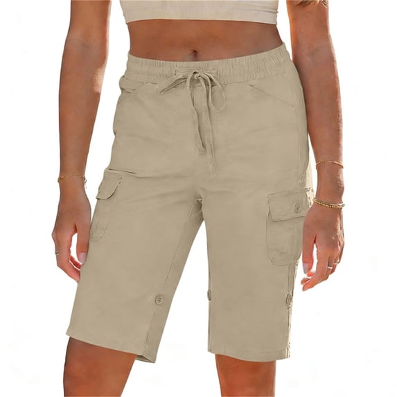 GigrtiJin Cargo Shorts for Womens Elastic High Waisted Drawstring Shorts Solid Color Hiking Outdoor Shorts with Pockets
