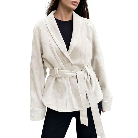 GigrtiJin Casual Jacket for Women Solid Color Lapel Long Sleeve Button Outwear with Belt Trendy Elegant Outcoat